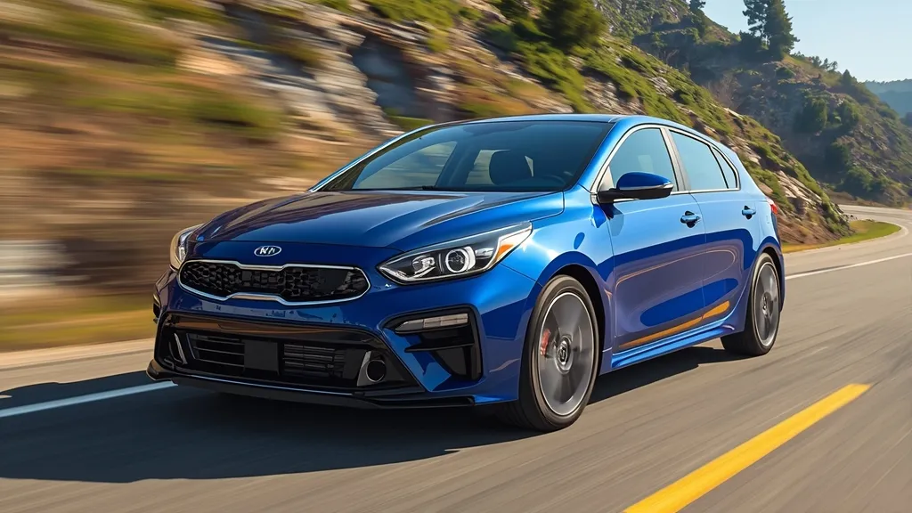 A Kia Forte GT in sporty blue paint driving on a winding mountain road, showcasing its performance capabilities.