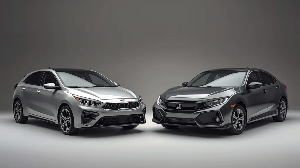 A side-by-side visual comparison of a Kia Forte and a Honda Civic in a professional studio setting.