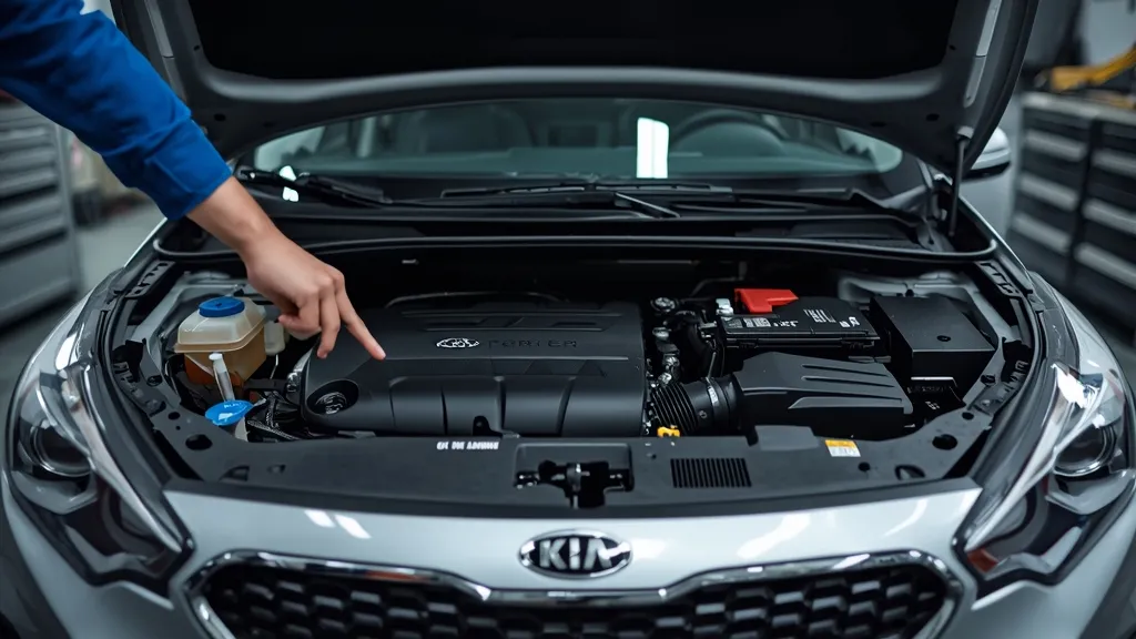 A Kia Forte engine bay being inspected by a professional mechanic to illustrate the regular maintenance schedule.