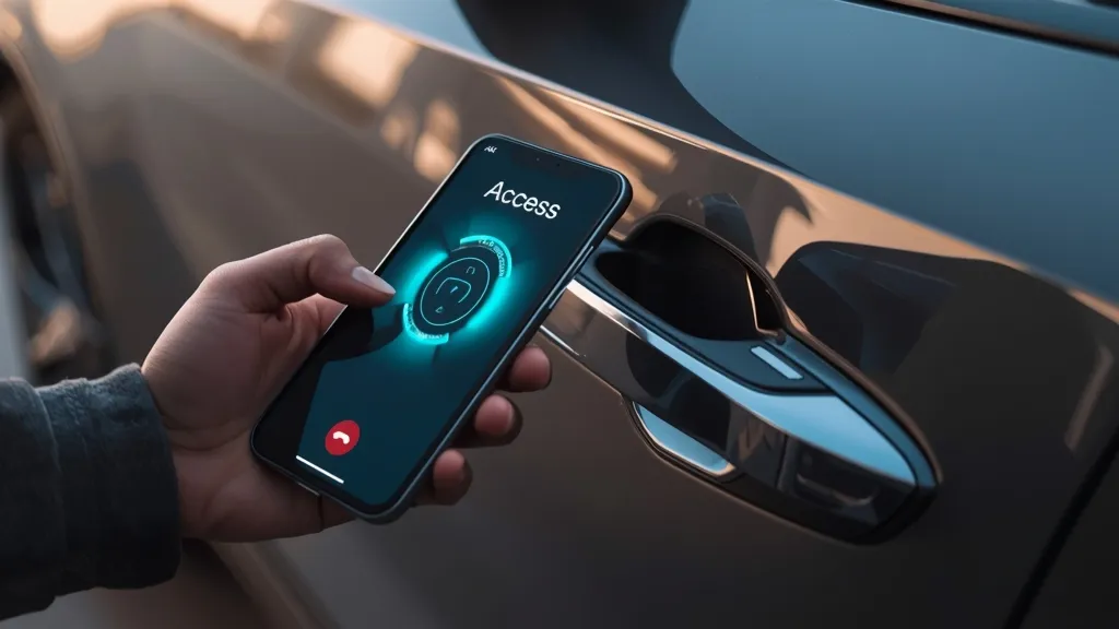 A driver using Kia Digital Key 2.0 on a smartphone to unlock the new 2026 Kia K4.