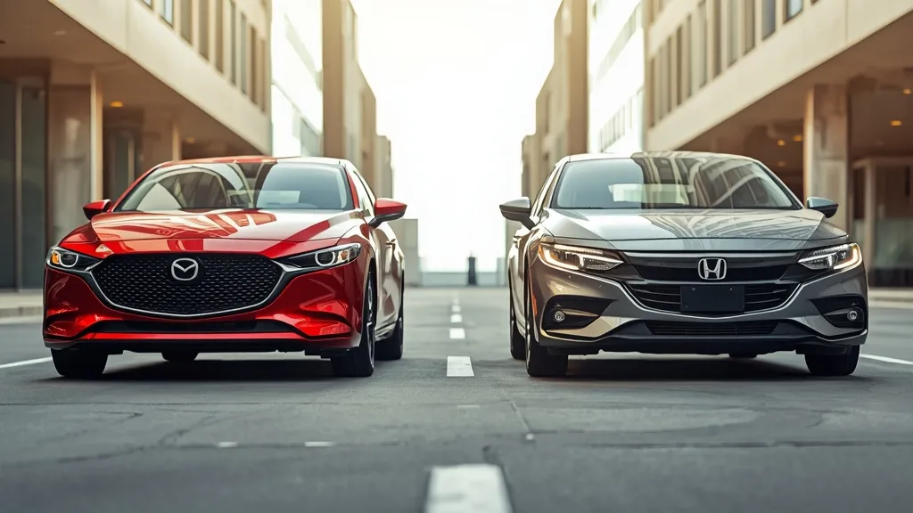 Mazda 3 vs Honda Civic sedans side-by-side on a city street, ready for a compact car comparison.