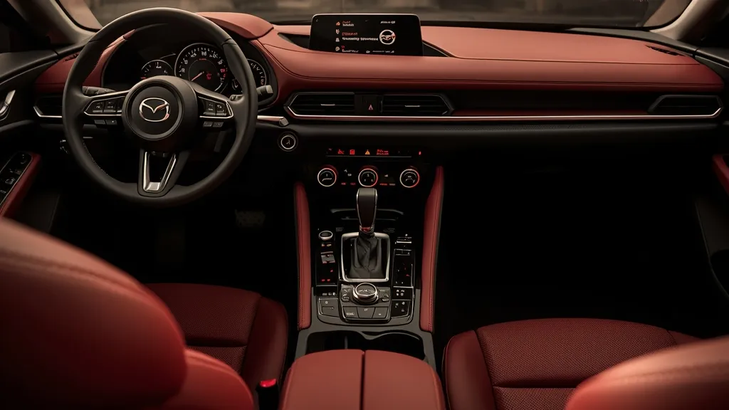 Luxurious Mazda 3 interior showcasing premium materials, minimalist design, and rotary infotainment controller.