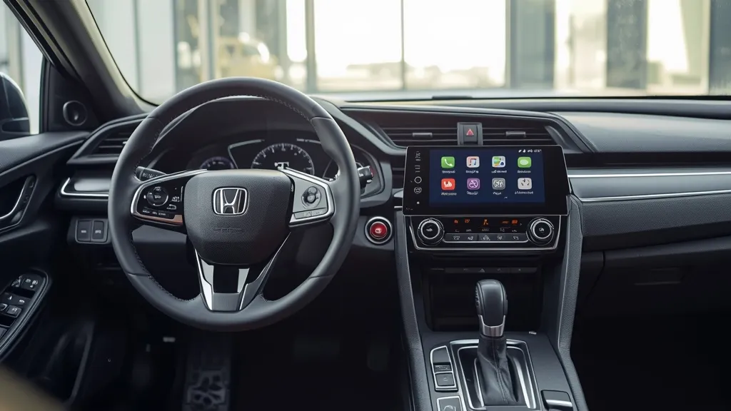 Modern Honda Civic interior with honeycomb dash, touchscreen infotainment, and spacious, ergonomic layout.