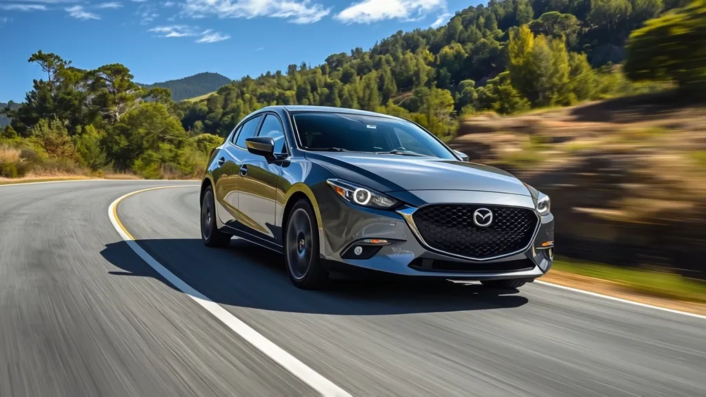 Mazda 3 hatchback driving dynamically on a winding road, showcasing engaging driving dynamics.