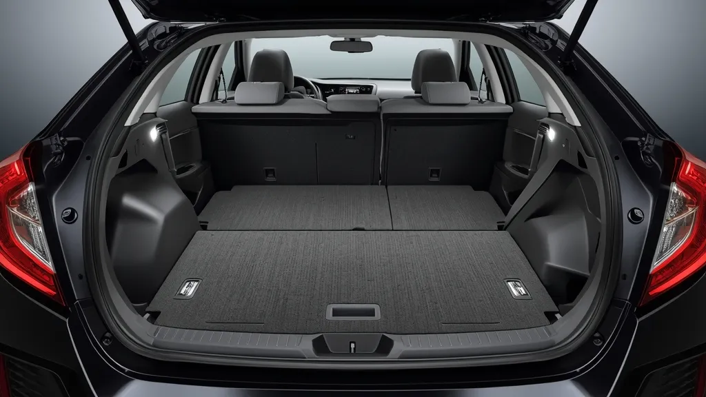 Honda Civic hatchback's wide-opening cargo area with rear seats folded, demonstrating superior trunk space comparison.