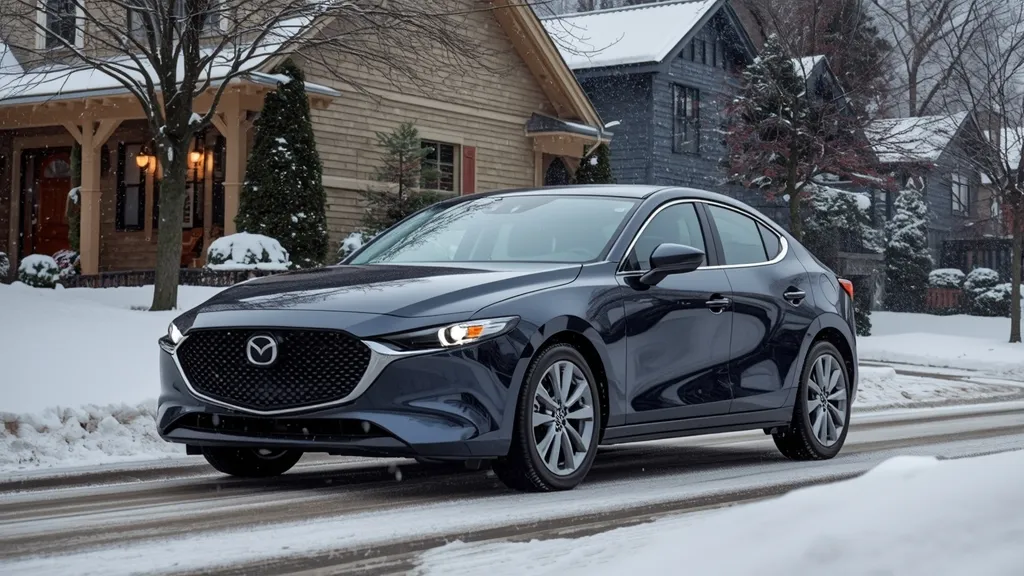 Mazda 3 sedan parked in a snowy environment, highlighting its compact car with AWD capability.