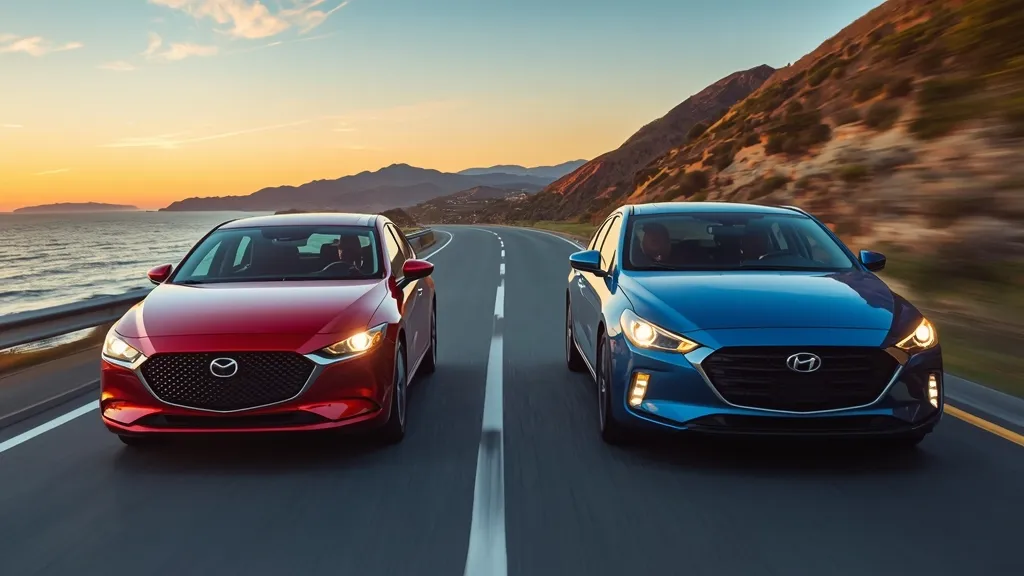 Mazda 3 vs Hyundai Elantra side-by-side: dynamic compact sedan comparison on a scenic road.