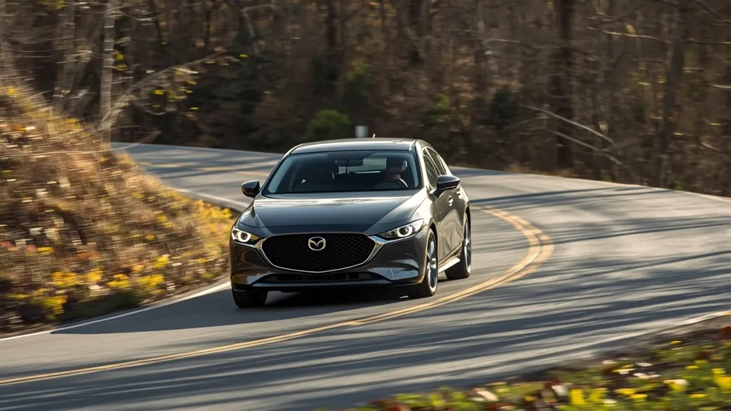 Mazda 3 driving dynamics: car cornering gracefully on a winding road, emphasizing handling and control.