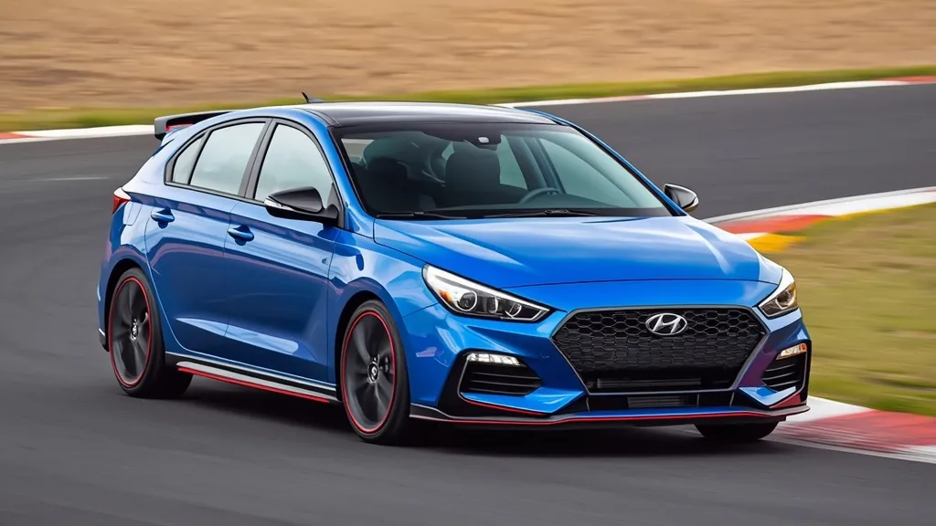 Hyundai Elantra N performance model on a track, showcasing aggressive styling and sporty capabilities.