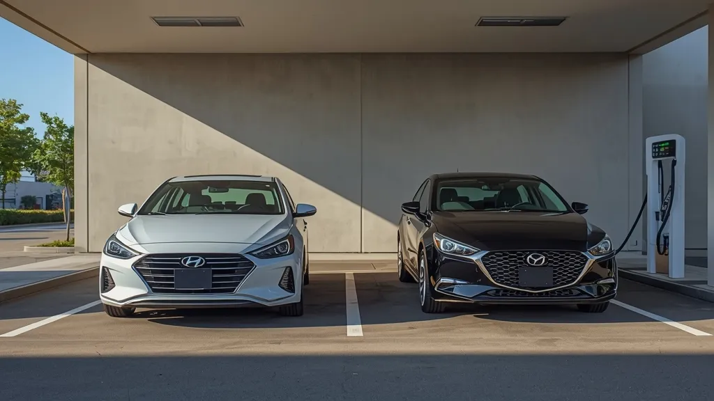 Fuel efficiency compact cars: Mazda 3 vs Hyundai Elantra hybrid at a charging station or gas pump.