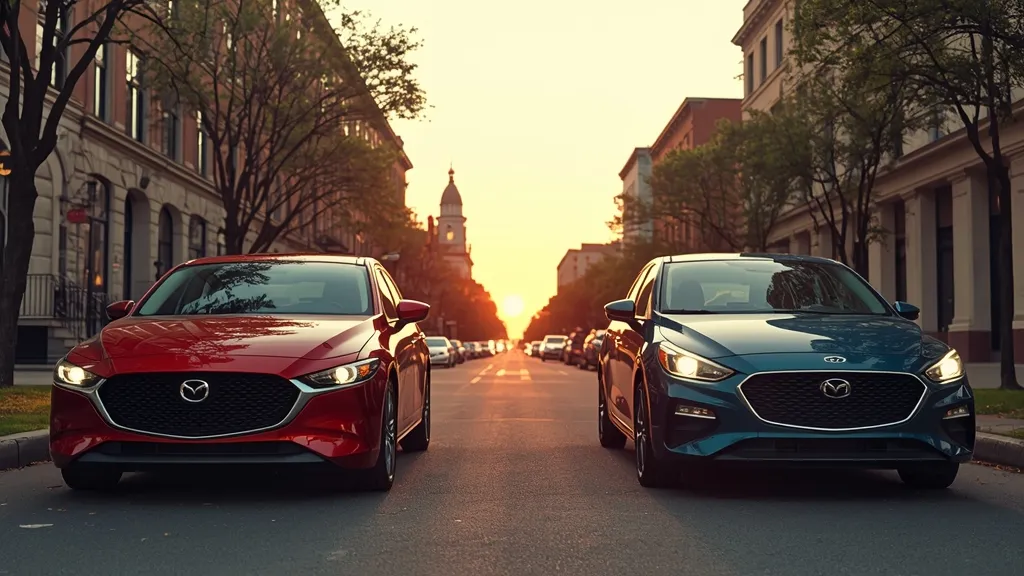 Side-by-side comparison of a metallic red Mazda 3 and a blue Kia Forte parked on an urban street.
