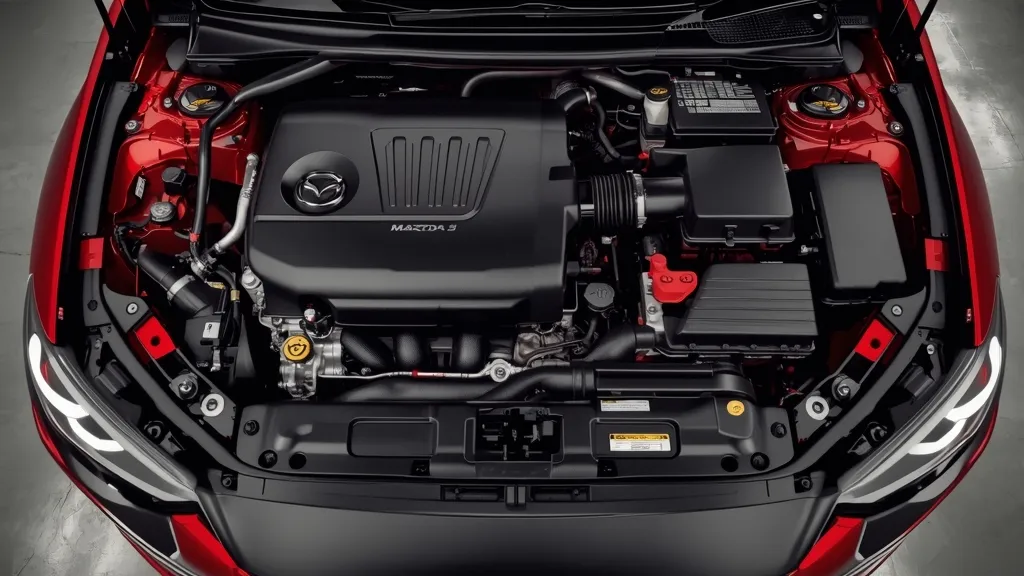 Detailed view of the Mazda Skyactiv-G engine bay showing the clean mechanical layout of the compact sedan.