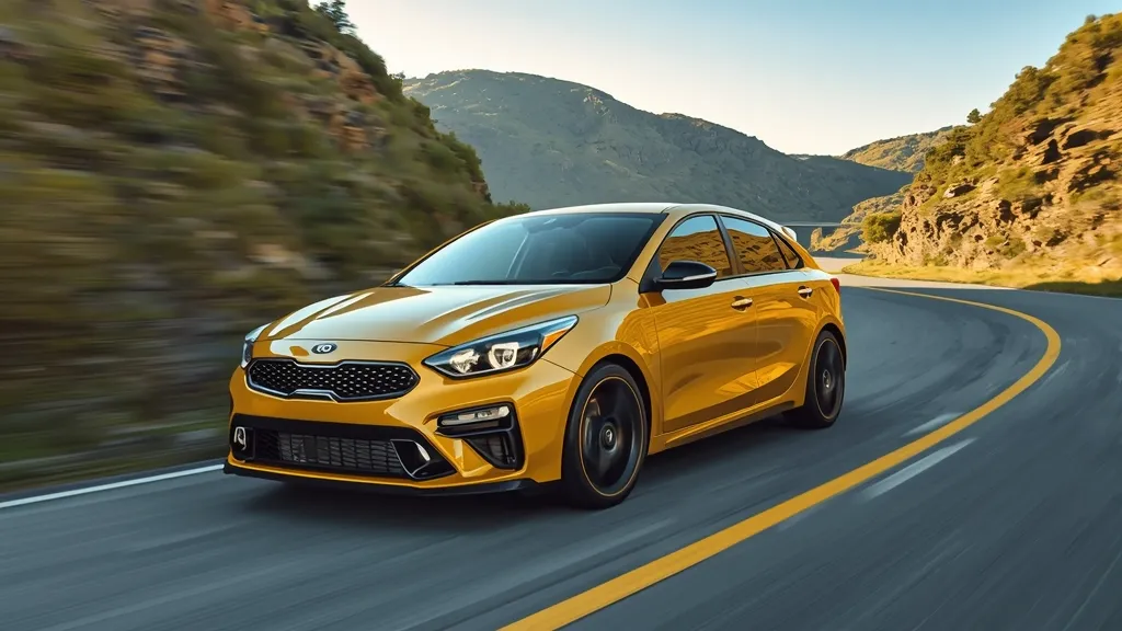 Kia Forte GT driving dynamically on a winding mountain road to demonstrate its turbocharged performance and handling.