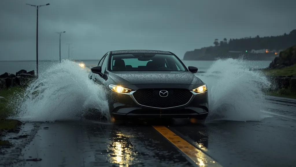 Mazda 3 driving through rain to highlight the i-Activ All-Wheel Drive system and safety stability features.