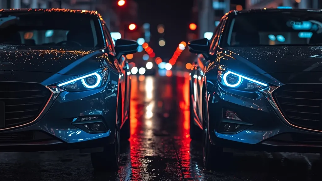 Nighttime shot of Mazda 3 LED headlights and Kia Forte signature lighting reflecting on wet pavement.