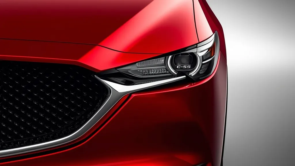 Elegant front view of a Mazda CX-5 showcasing its Kodo design, signature chrome grille, and sophisticated LED headlights.