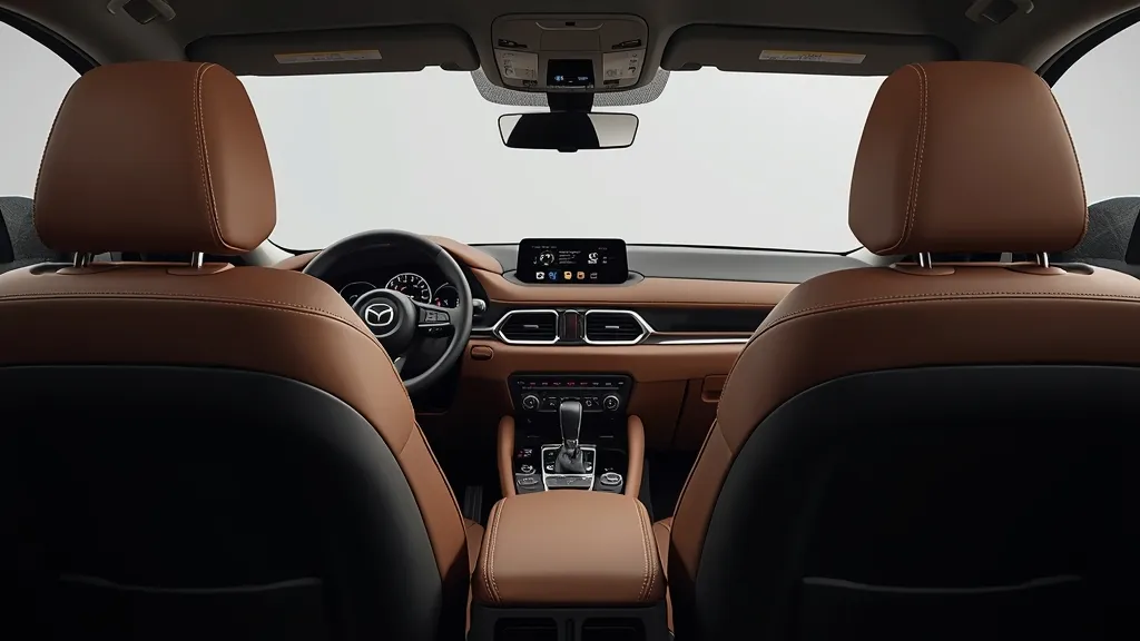 Premium interior of a Mazda CX-5, showing high-quality materials, refined dashboard layout, and comfortable leather seats.
