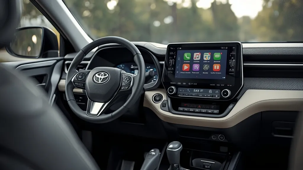 Functional interior of a Toyota RAV4, highlighting durable materials, practical storage, and user-friendly infotainment screen.