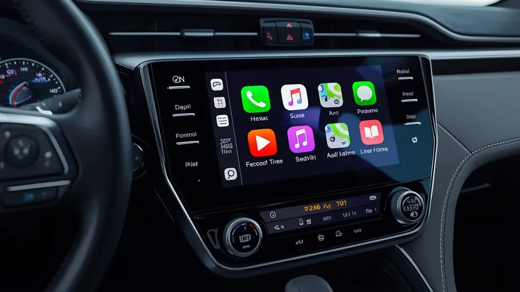 Toyota RAV4 touchscreen infotainment system displaying Apple CarPlay, emphasizing user-friendliness and modern interface.
