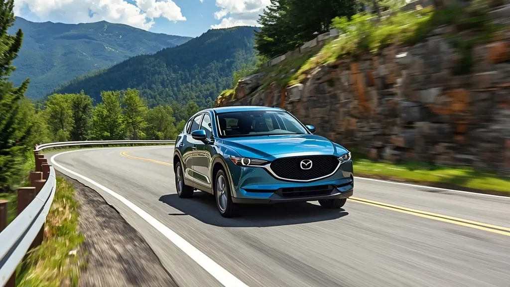 Mazda CX-5 driving on a winding road, illustrating its engaging handling and responsive driving experience.
