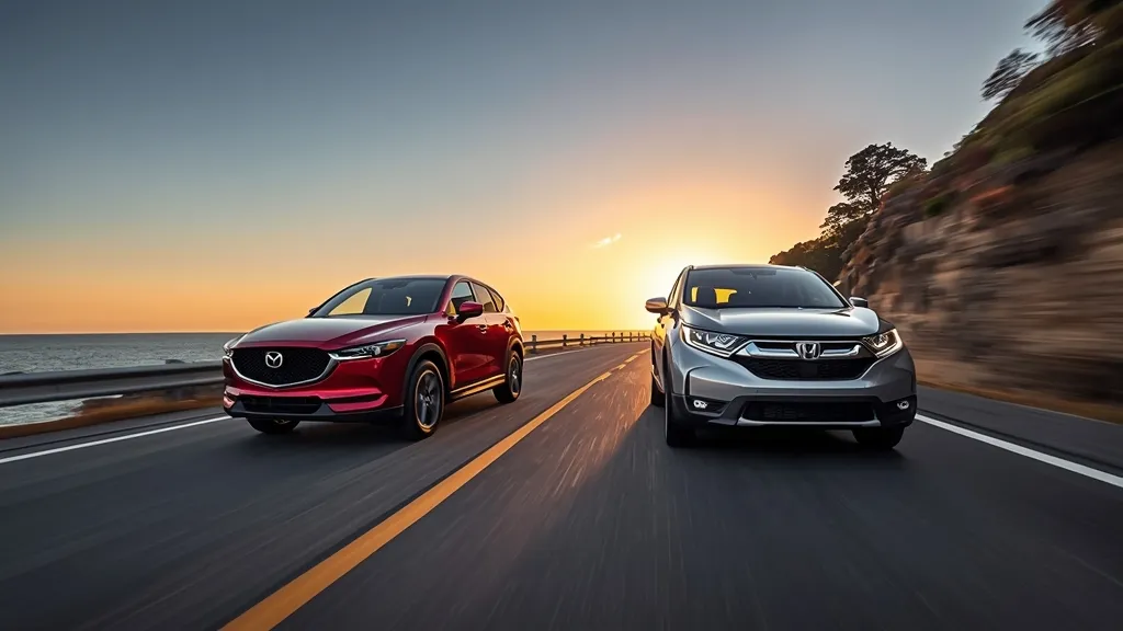 Dynamic side-by-side view of Mazda CX-5 vs Honda CR-V driving on a scenic highway.