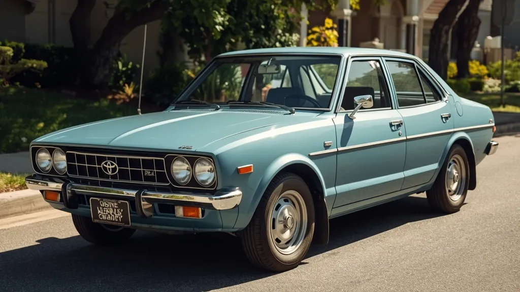 Classic 1970s Toyota Corolla sedan, symbolizing its early global reliability and fuel efficiency.