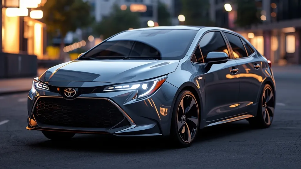 Futuristic Toyota Corolla 2026 concept car with sleek lines and modern LED lighting, parked urban setting.