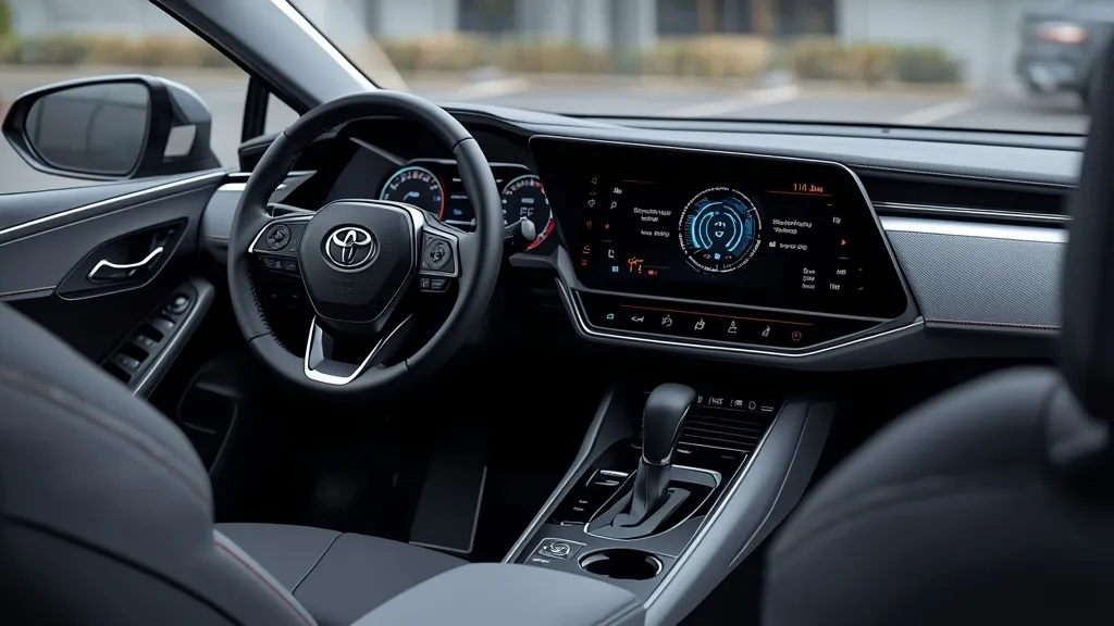 Advanced digital cockpit of the Toyota Corolla 2026, featuring large infotainment screen and driver display.