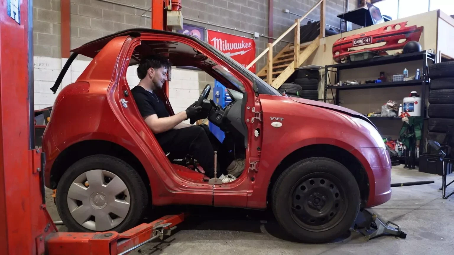 mini car conversion, car modification, Suzuki Swift project, DIY car build, custom tiny car, flamethrower car, automotive creativity 2