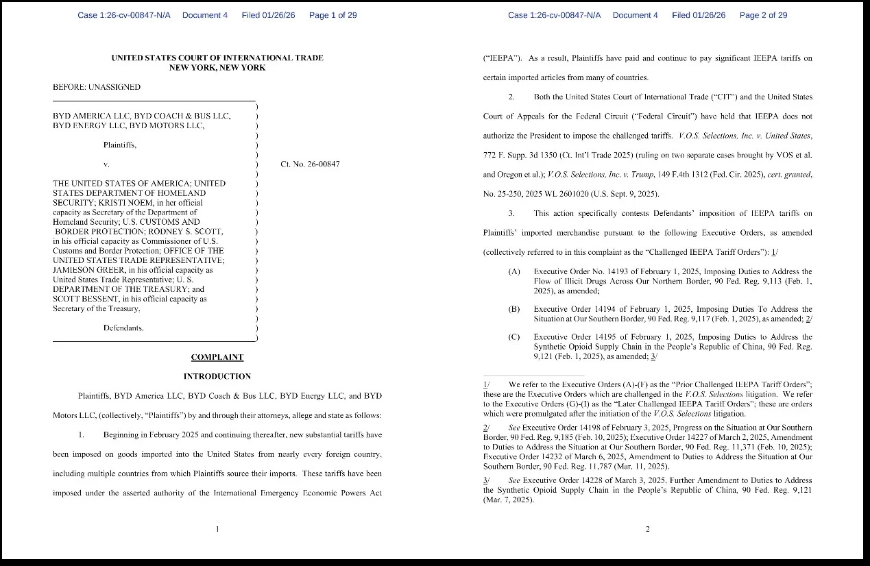 BYD lawsuit, US tariffs, EV market access, IEEPA tariff orders, electric buses USA, BYD legal challenge, trade dispute BYD 2