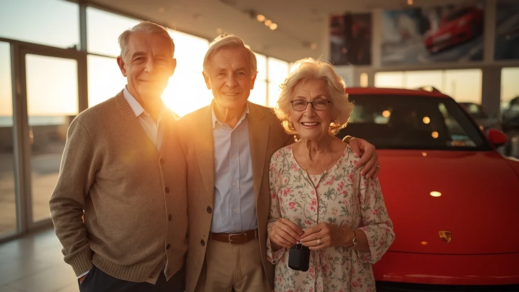 Porsche Macan, senior drivers, 70th wedding anniversary, luxury SUV, late-life adventure, couple milestone, Porsche celebration, elderly car enthusiasts 1