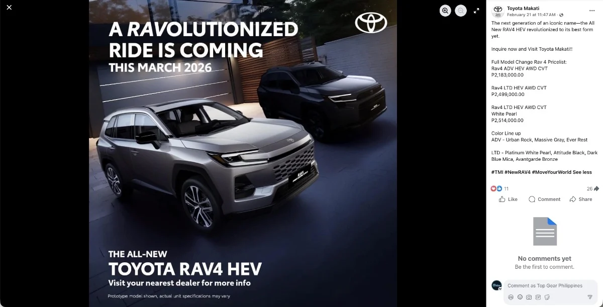 2026 Toyota RAV4 price, Toyota RAV4 hybrid, RAV4 Philippines, Toyota RAV4 AWD, Toyota RAV4 specs, Toyota RAV4 interior, CUV hybrid pricing 2