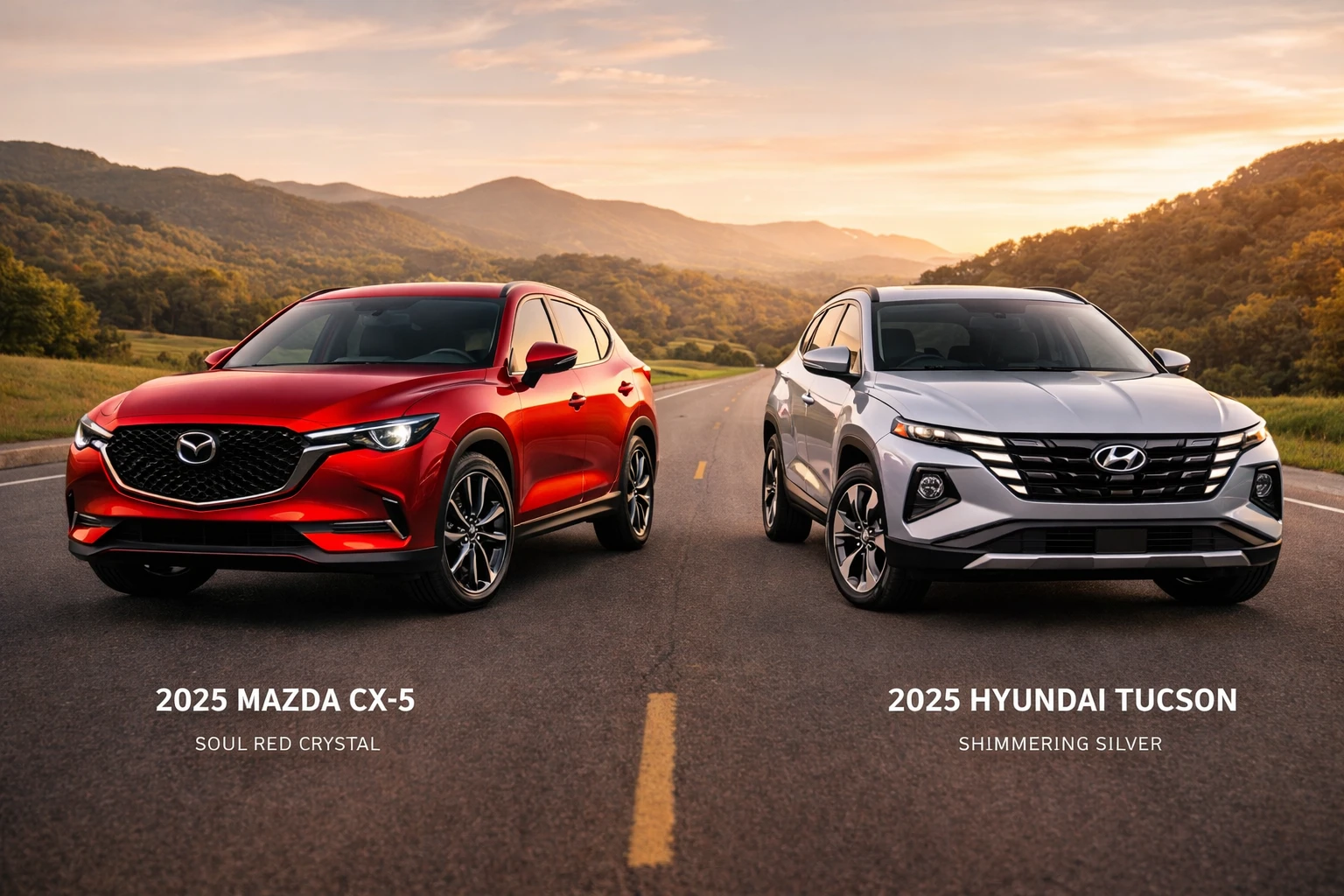 2025 Mazda CX-5 and Hyundai Tucson parked side by side on open road