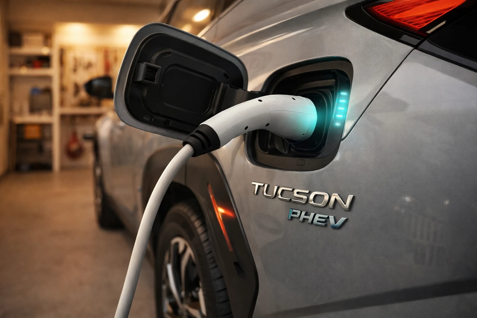 Hyundai Tucson PHEV charging port with electric plug in suburban garage setting