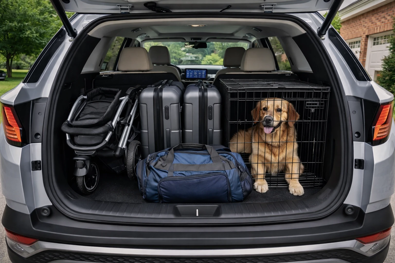 Hyundai Tucson cargo area loaded with family gear stroller and luggage