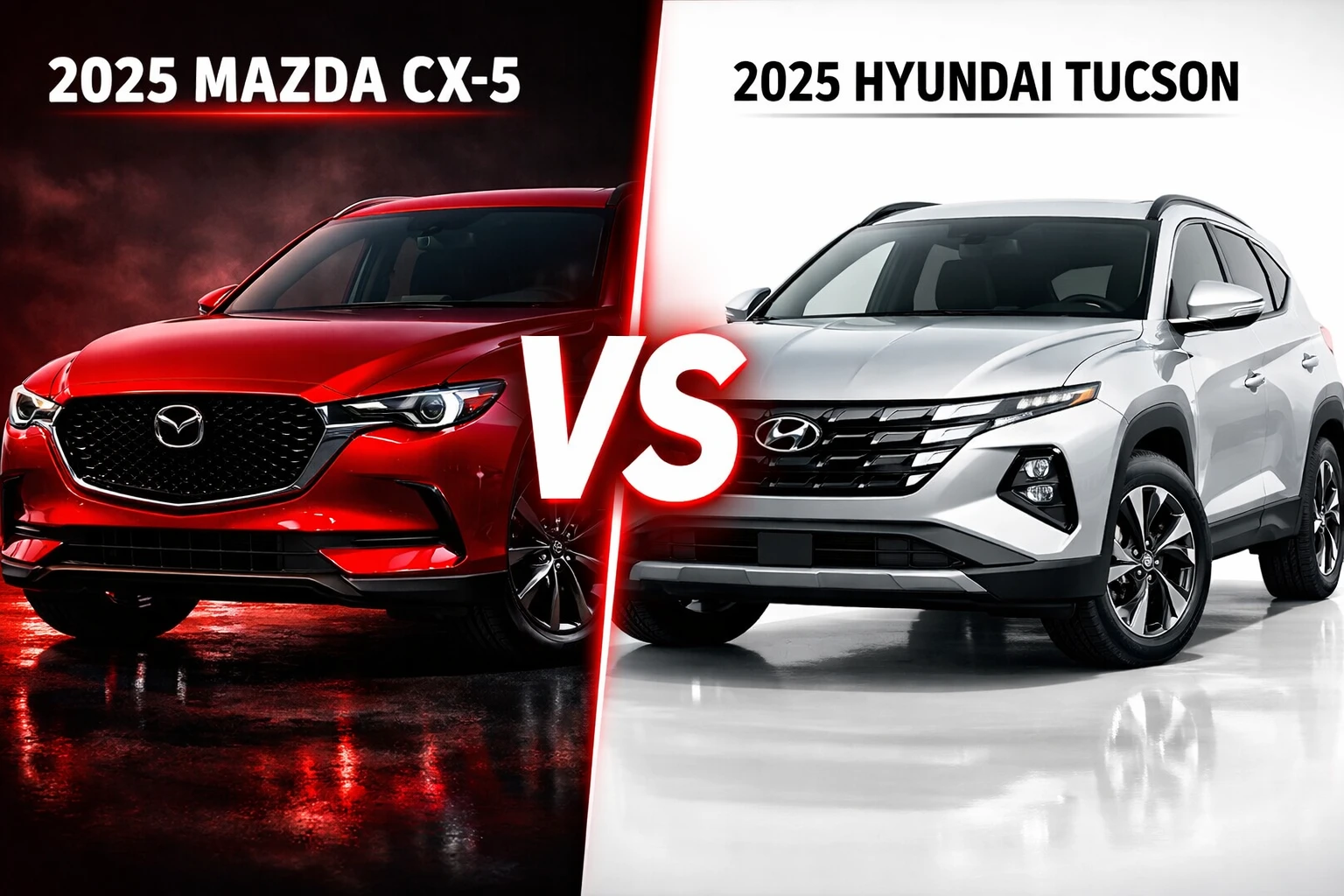 Mazda CX-5 vs Hyundai Tucson 2025 comparison thumbnail red versus silver SUVs