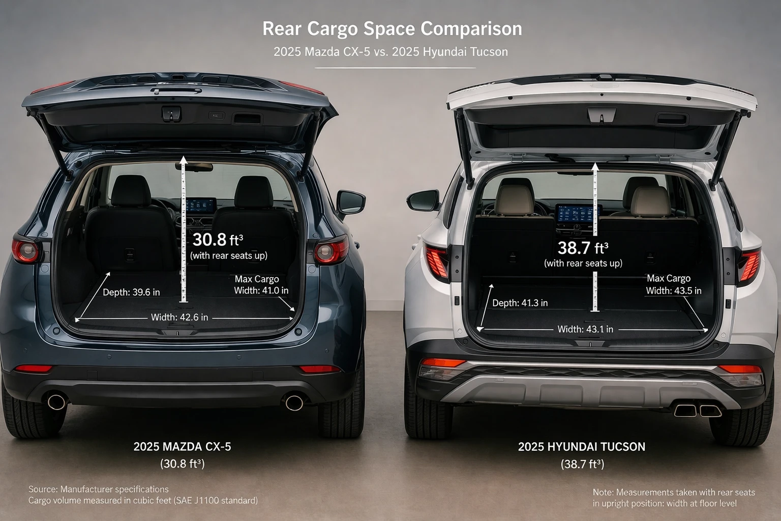 Mazda CX-5 vs Hyundai Tucson cargo space comparison with measuring tape visual