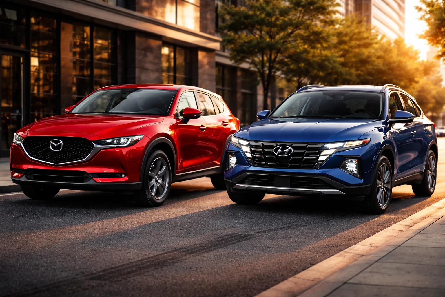 Mazda CX-5 vs Hyundai Tucson front three-quarter comparison on city street