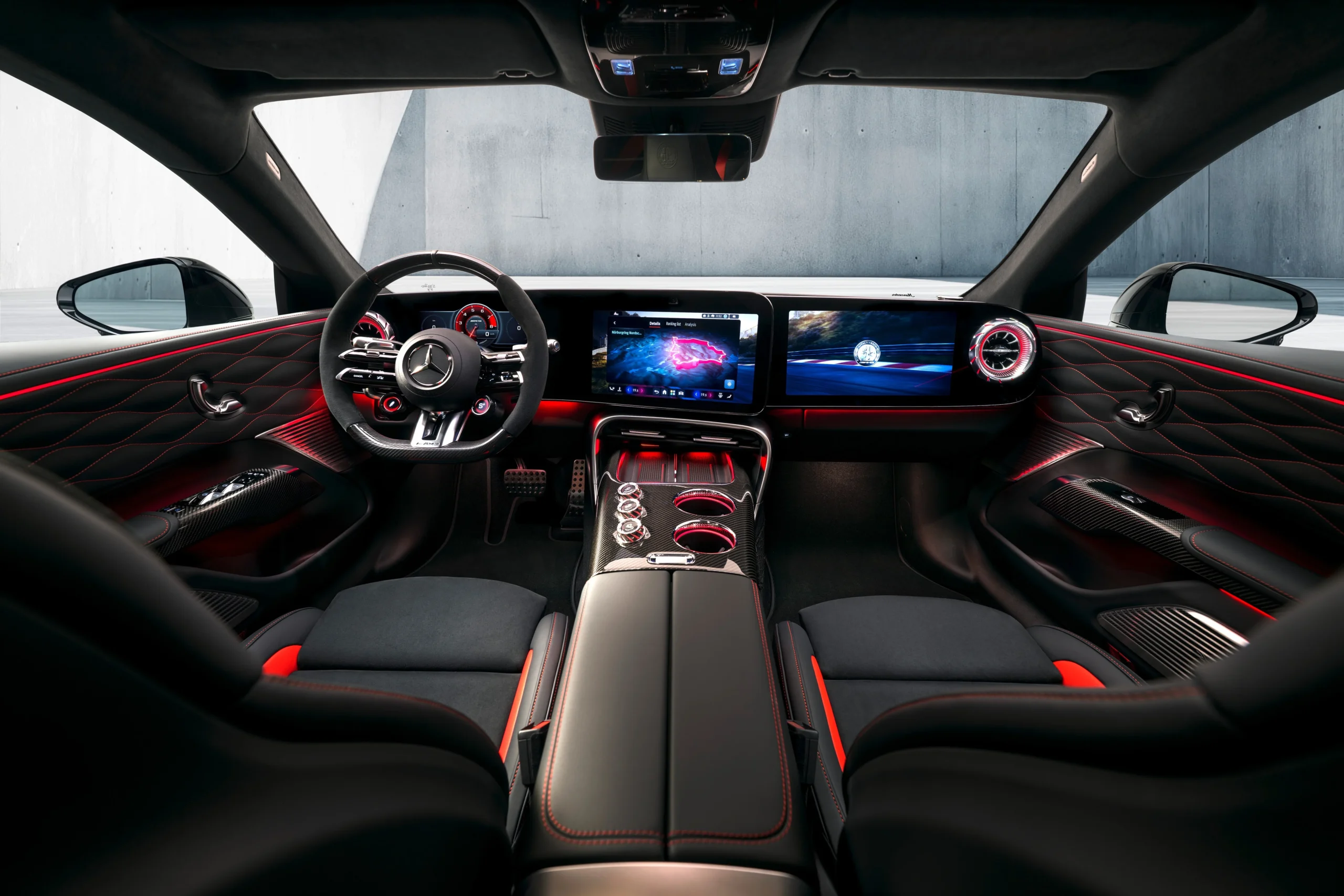 Mercedes-AMG GT 4-Door Coupe, electric supercar, EV interior, MBUX infotainment, AMG performance seats, panoramic roof, 2026 launch 3