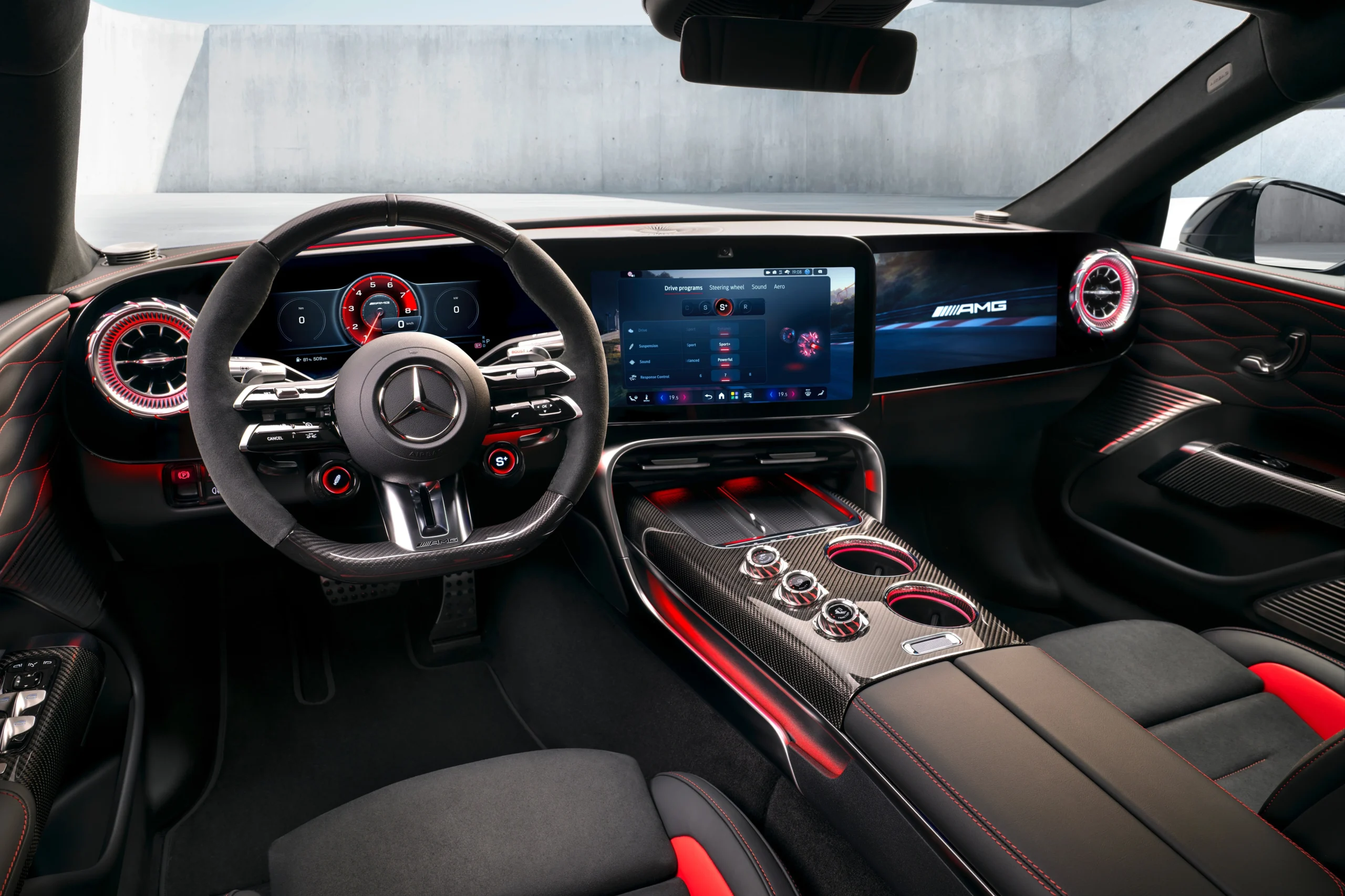 Mercedes-AMG GT 4-Door Coupe, electric supercar, EV interior, MBUX infotainment, AMG performance seats, panoramic roof, 2026 launch 4