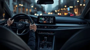 Hyundai Elantra interior, 2027 Hyundai Elantra, large touchscreen car, Android Automotive OS, digital dashboard, AI voice assistant, Software Defined Vehicle, Pleos Connect 1