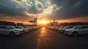Japanese automakers, Middle East car exports, Toyota Land Cruiser, Mazda CX-5, automotive supply chain, geopolitical tensions, car production cuts 1