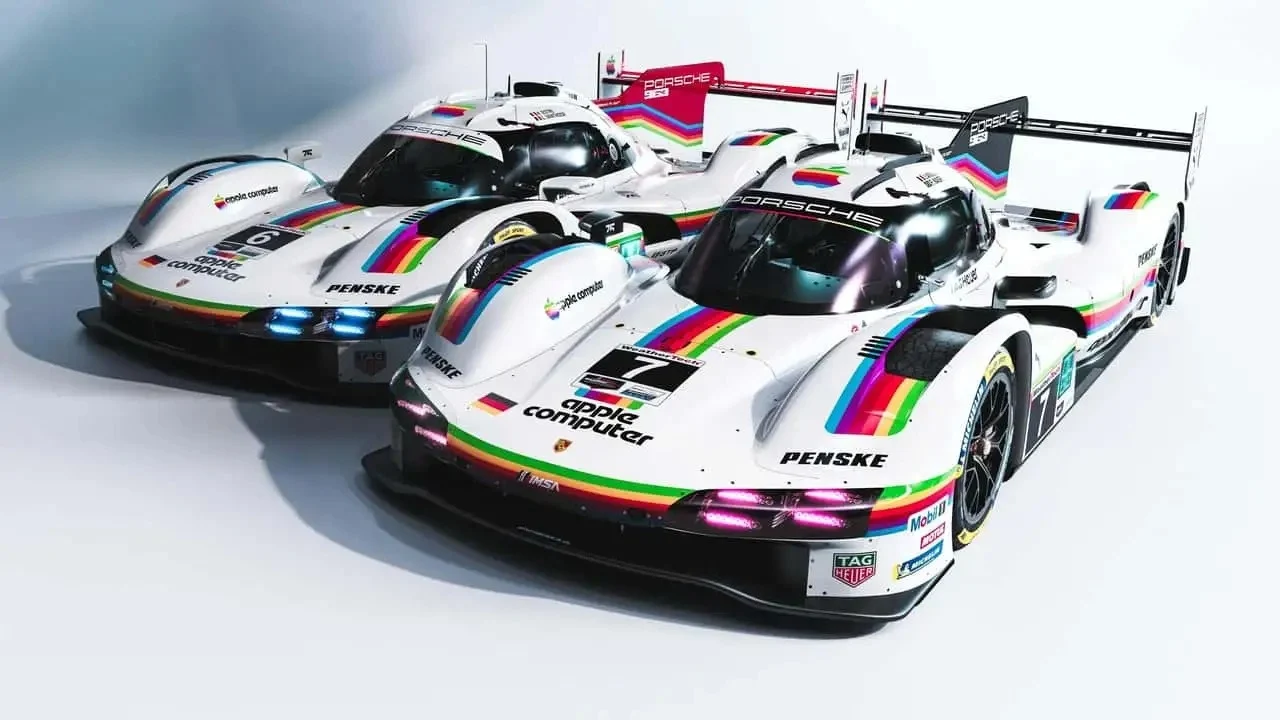 Porsche 963, Apple retro livery, IMSA WeatherTech, Porsche Apple collaboration, Laguna Seca, luxury race cars, Porsche 935 K3 2