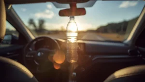 water bottle car heat, car interior fire risk, plastic bottle toxicity, hot car safety, car heat hazards, lithium battery fire, spray can explosion 1