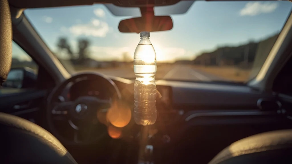 water bottle car heat, car interior fire risk, plastic bottle toxicity, hot car safety, car heat hazards, lithium battery fire, spray can explosion 1