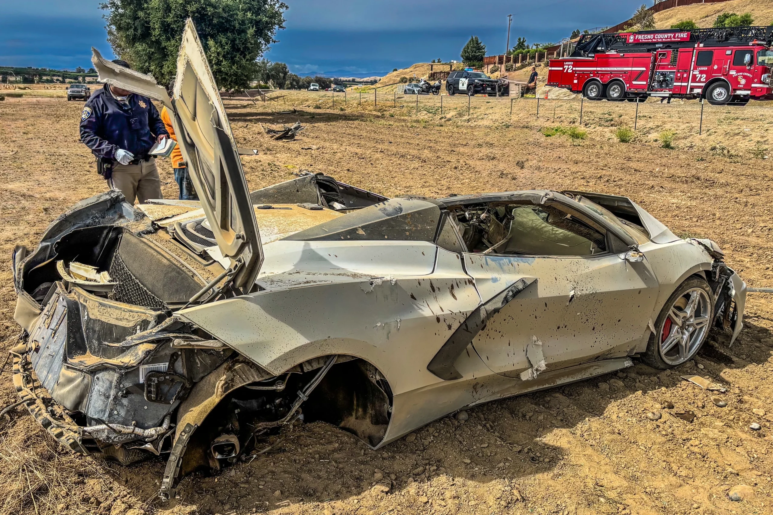 Chevrolet Corvette C8, car crash, Fresno California accident, driver survival, sports car safety, high speed collision, vehicle wreckage 4