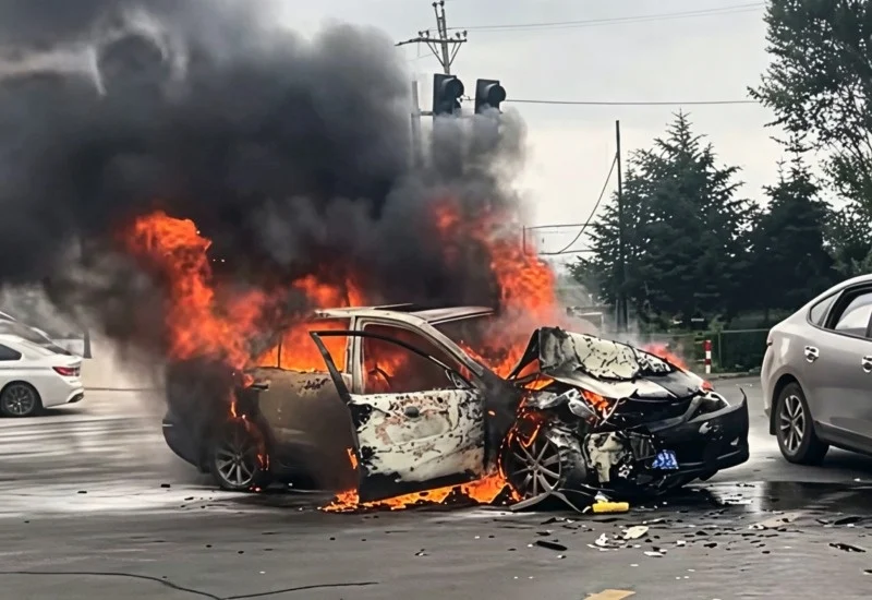 Mazda 3 crash, BYD Qin L accident, electric car safety, hybrid vs gasoline safety, China traffic collision, vehicle fire safety, Blade battery, automotive safety systems 2