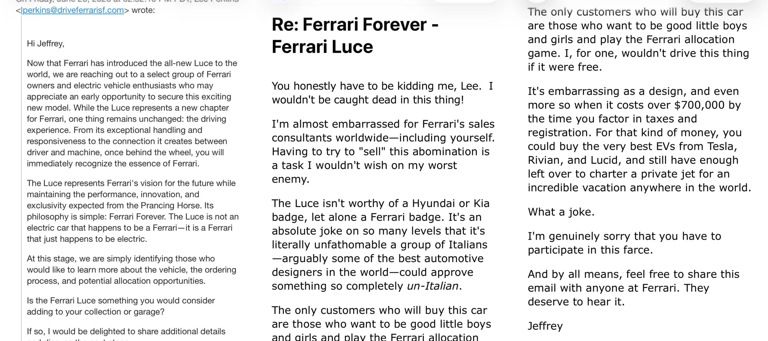 Ferrari Luce, electric Ferrari, supercar collector criticism, EV luxury cars, Ferrari EV debut, automotive controversy, luxury car design 3