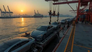 China car export, automotive logistics, RoRo vessel shortage, flat rack shipping, container car transport, Leapmotor, Hyundai Glovis, EV export 1